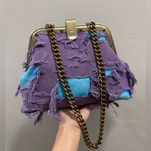 Unique Colorblock Cowhide Leather with Ripped Canvas, Metal Frame Bag, Crossbody - Picture 5 of 16